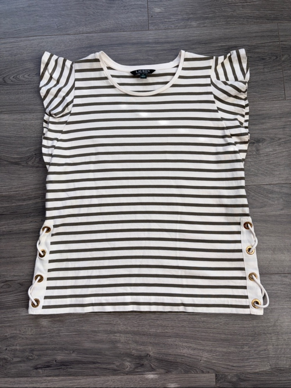 Lauren Ralph Lauren Striped Ruffle Sleeve Top Women’s Cotton Olive White Size M